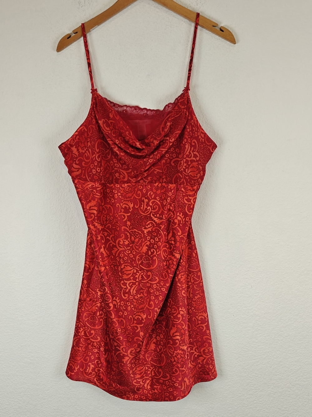 VTG Delicates Red Satin Slip Dress Lace Trim Y2K Coquette Lingerie-Inspired LG